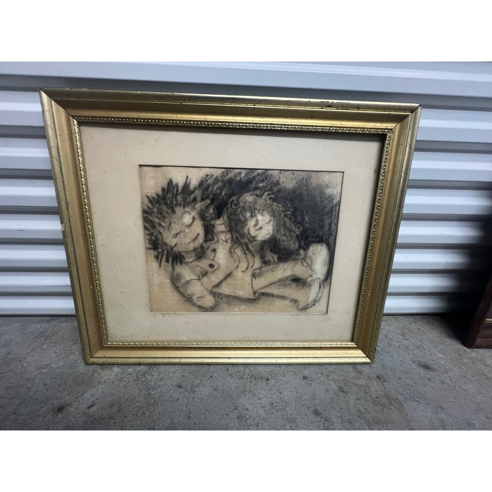 Framed Charcoal Sketch Art Children Gold Frame Large Neutral Vintage